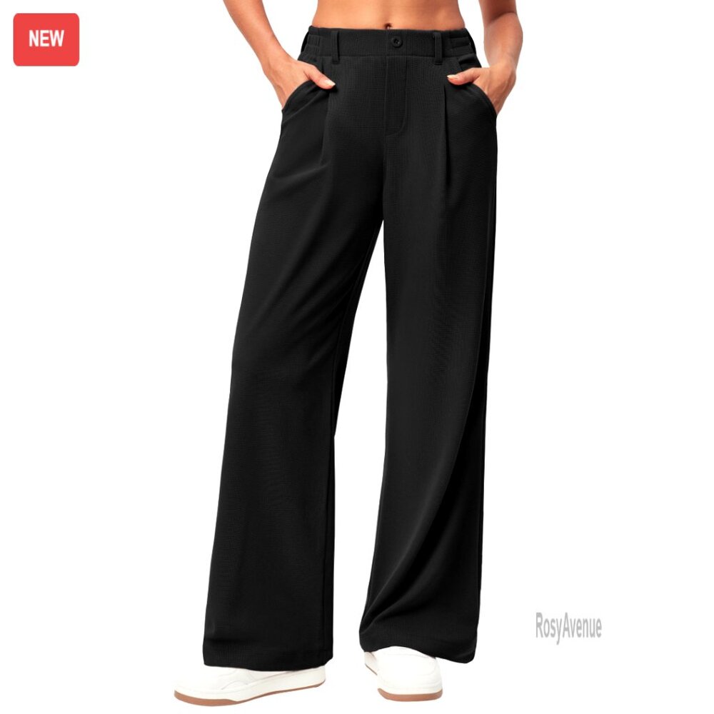 Wide Leg Work Pants Stretchy Waffle Fabric Elastic Waist Business Casual